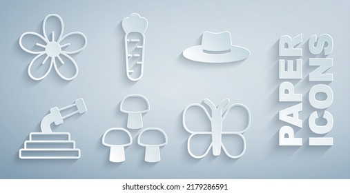 Set Mushroom, Gardener worker hat, hose, Butterfly, Carrot and Flower icon. Vector