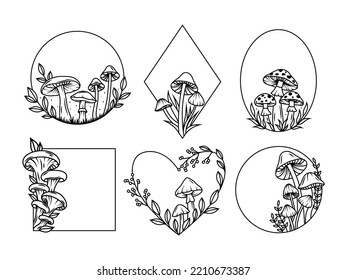 Set of mushroom geometric frame. Collection of autumn frame with forest plants. Vector illustration on white background.