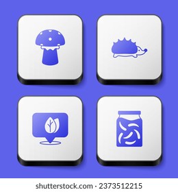 Set Mushroom, Hedgehog, Location with leaf and Pickled cucumbers in jar icon. White square button. Vector