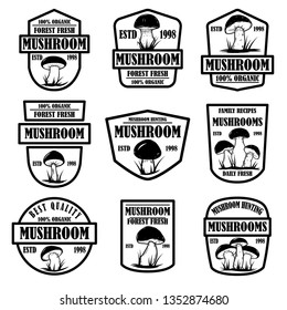 Set of mushroom hunting emblems. Design element for poster, logo, label, sign. Vector illustration