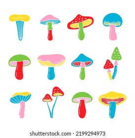 Set of mushroom icons. Colored mushrooms symbols. Chanterelle, amanita muscaria, truffle, porcini, honey agarics, morels. Vector illustration