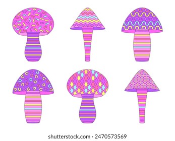 Set of mushroom icons with geometric pattern isolated on white background. Mushrooms of different shapes with a black outline. Mushrooms in a geometric style. Vector illustration