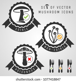 Set of mushroom icons with information - edible, non-edible and poisonous. Vector illustration.
