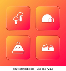 Set Mushroom, Igloo ice house, Beanie hat and Kayak or canoe icon. Vector