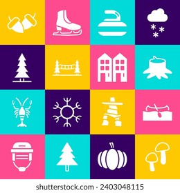 Set Mushroom, Kayak or canoe, Tree stump, Stone for curling, Capilano Suspension Bridge, Canadian spruce, Acorn and House icon. Vector
