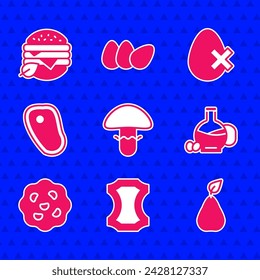 Set Mushroom, Leather, Pear, Bottle of olive oil, Cookie or biscuit, Steak meat, No egg and Vegan food diet icon. Vector