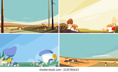 Set of mushroom meadows. Beautiful nature landscapes.