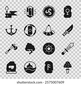 Set Mushroom, Medieval sword, Dagger, Shield viking, Anchor, spear and Hunting horn icon. Vector
