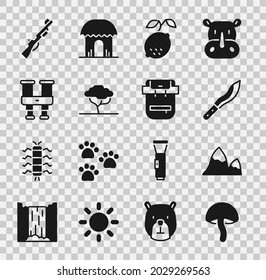 Colocar hongos, montañas, machete, limón, árbol africano, binoculares, cañón de caza e ícono de mochila de senderismo. Vector