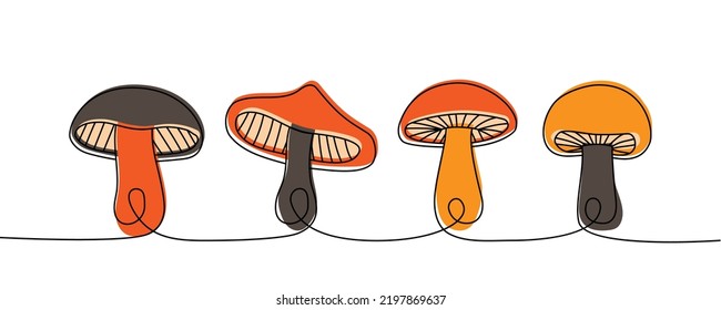 Set of Mushroom one line colored continuous drawing. Mushroom continuous one line colorful set illustration. Vector minimalist linear illustration