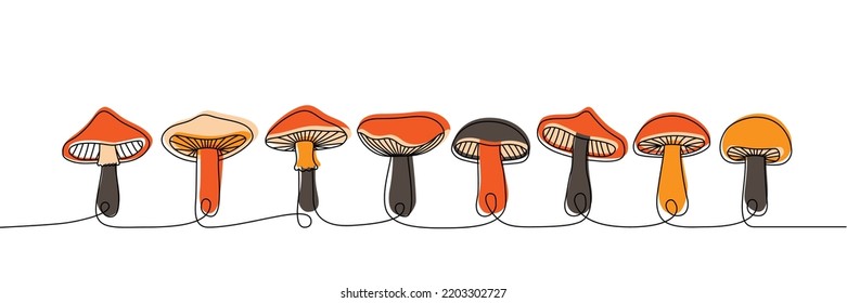 Set of Mushroom one line colored continuous drawing. Mushroom continuous one line colorful set illustration. Vector minimalist linear illustration