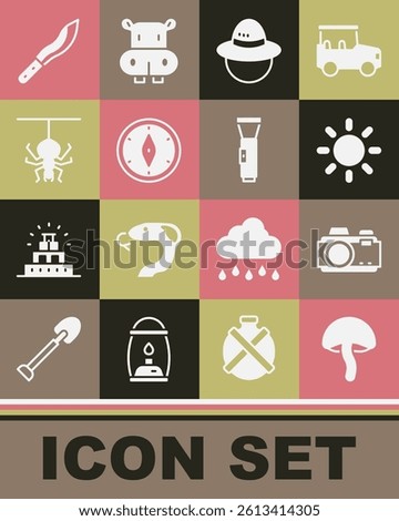 Set Mushroom, Photo camera, Sun, Camping hat, Compass, Spider, Machete and Flashlight icon. Vector