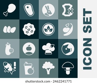 Set Mushroom, Pig, Apple and banana, Rabbit, Cookie or biscuit, Chicken egg, leg and Vegan food diet icon. Vector
