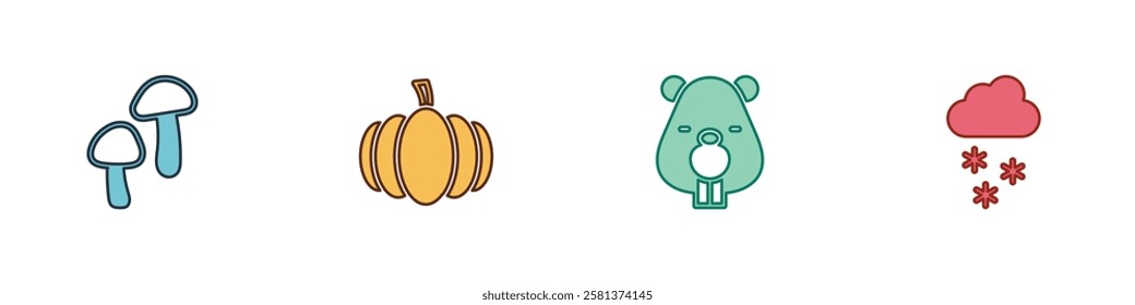 Set Mushroom, Pumpkin, Beaver animal and Cloud with snow icon. Vector