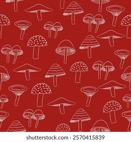 Set of mushroom in red background. Seamless and vector. Free hand. Drawn. Cartoon.