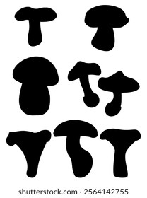 Set of mushroom silhouettes in doodle style, various edible mushrooms vector illustration for design