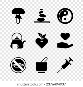 Colocar hongos, Piedras calientes, Yin Yang, Comida sin dieta, Mortero y almirez, Jeringa, Tetera con taza e ícono del corazón. Vector