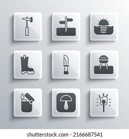 Set Mushroom, Torch flame, Barbecue grill, Knife, Lighter, Waterproof rubber boot, Hammer and Sunrise icon. Vector