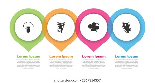 Set Mushroom, Vegan pizza slice, food diet and Steak meat. Business infographic template. Vector