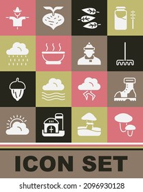Set Mushroom, Waterproof rubber boot, Garden rake, Leaf or leaves, Bowl hot soup, Cloud with rain, Scarecrow and Autumn clothes icon. Vector