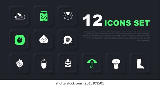 Set Mushroom, Waterproof rubber boot, Leaf, Umbrella, Acorn, Pickled cucumbers in jar and Wheat icon. Vector