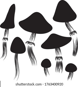 Pilzensatz. Schwarze Silhouette. Vektorgrafik. Vorlage für Gravieren, Laserschneiden, Plottern oder Fräsen, Drucken.