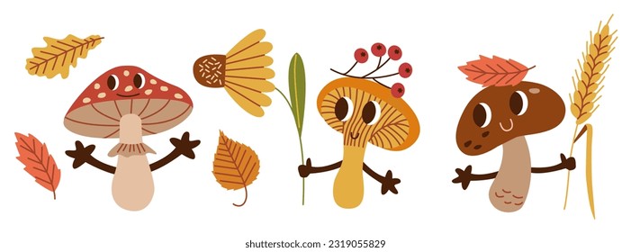 Set of mushrooms characters. Funny anthropomorphic fungi. Cartoon forest organisms with faces and hands.