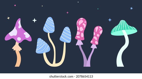 Set of mushrooms. Collection of childrens pictures. Graphic elements for website. Nature, flora, fresh air, mysticism, magic, forest. Cartoon flat vector illustrations isolated on dark background