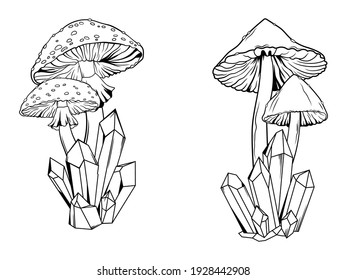 Set of mushrooms with crystals. Collection of magical plants. Witchcraft items. Mystical elements.Vector illustration of halloween object.