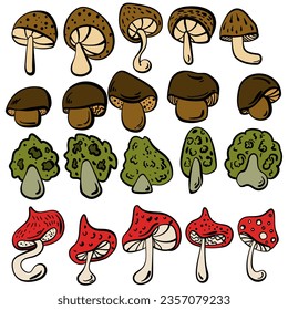 Set of mushrooms in doodle style, different types of mushroom hat boletus vector illustration