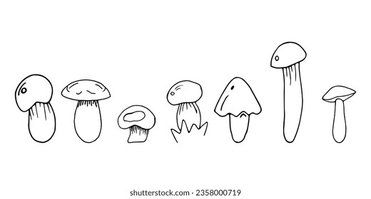 Set of mushrooms in doodle style on a white background.Elements for autumn decoration.