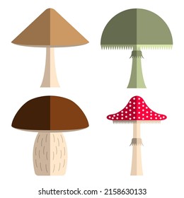 Set mushrooms flat cartoon style isolated white background