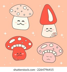 Set of mushrooms with funny faces in retro hippie style