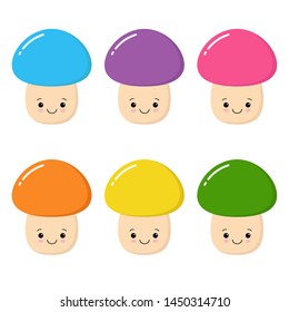 Set with mushrooms isolated on white. Flat style nature, colorful collection. Kawaii autumn illustration in vector.