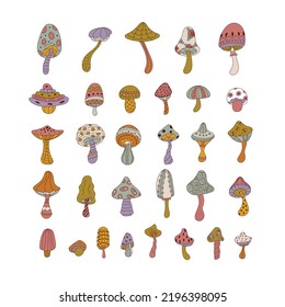 A set of mushrooms. Magic forest mushrooms. Bright mushrooms isolated on a white background. Hand-drawn. All objects are separated. Vector illustration.