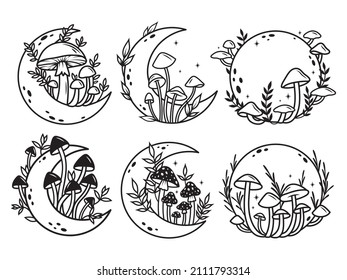 Set of mushrooms with moon. Collection of magical plants on grass. Witchcraft items. Mystical elements.Vector illustration of crescent moon on white background.