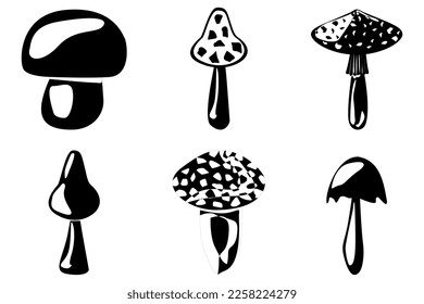 SET of mushrooms outline. Edible Organic mushrooms. Truffle. Forest wild mushrooms types. Vector illustration isolated on white background.