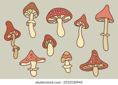 Set of mushrooms retro groovy cartoon doodle colored mushrooms isolated on a gray background