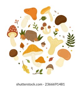 Set of mushrooms. Seasonal mushrooms collection with leaves and flower element. Flat cartoon style vector illustration isolated on white background