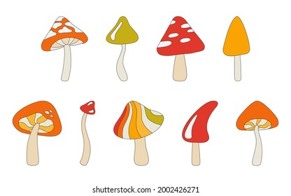 Set of mushrooms in the style of the 70s. Psychedelic abstract mushrooms, hippie style. Vector illustration isolated on a white background.