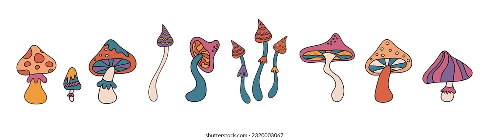 Set of mushrooms in the style of the 70s. Psychedelic abstract mushrooms, hippie style. Cool trendy retro of hipster retro cool psychedelic elements. Vector illustration.