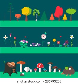 Set of mushrooms, trees and different kinds of plants and flower. Forest nature. 
