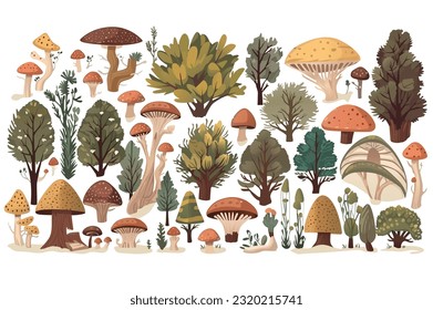 Set of mushrooms and trees. Enchanting cartoon illustration showcasing a whimsical set design with adorable mushrooms and lush trees, beautifully designed. Vector illustration.