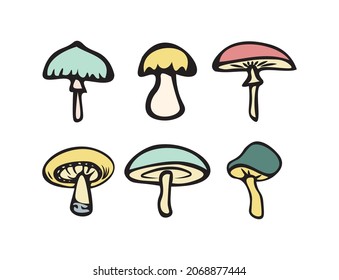 A set of mushrooms. Vector image. Set of colored mushrooms in doodle style, edible and inedible mushrooms. Template for creating compositions, printing patterns.