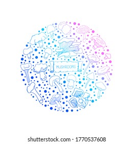 Set with mushrooms. Vector isolated illustration with chanterelles, russules. Doodle style. Design of logos, books, albums, and magazines. Oyster mushrooms, white mushrooms on a white background. 