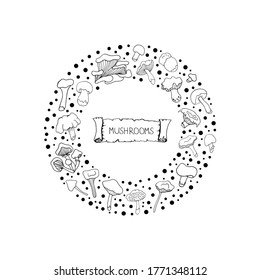 Set with mushrooms. . Vector isolated illustration with chanterelles, russules, oyster mushrooms. Doodle style. Design of logos, books, albums, and magazines. White mushrooms on a white background.