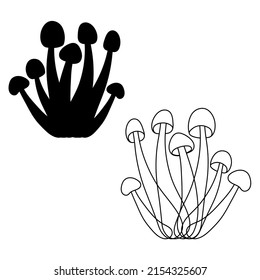 Set of mushrooms vector simple illustration isolated on white background. Outline and silhouette hand drawn sketched version. Vector mycology. Natural healthy fungus, autumn design.