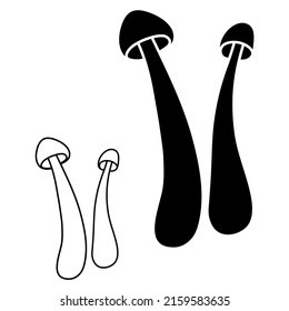 Set of mushrooms vector simple illustration isolated on white background. Outline and silhouette hand drawn sketched version. Vector mycology. Natural healthy fungus, autumn design.