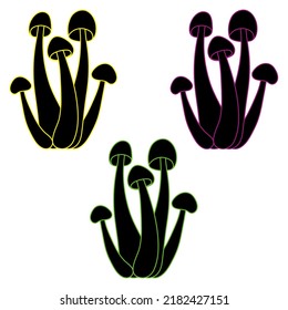 Set of mushrooms vector simple illustration isolated on white background. Silhouette with neon strokes version. Psychedelic mushrooms. Vector mycology. Natural healthy fungus, autumn design.
