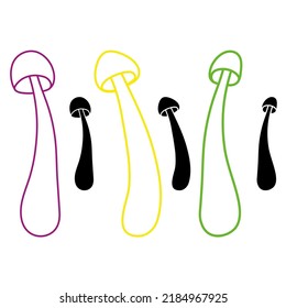Set of mushrooms vector simple illustration isolated on white background. Outline neon colours and silhouette hand drawn version. Vector mycology. Natural healthy fungus, autumn design.